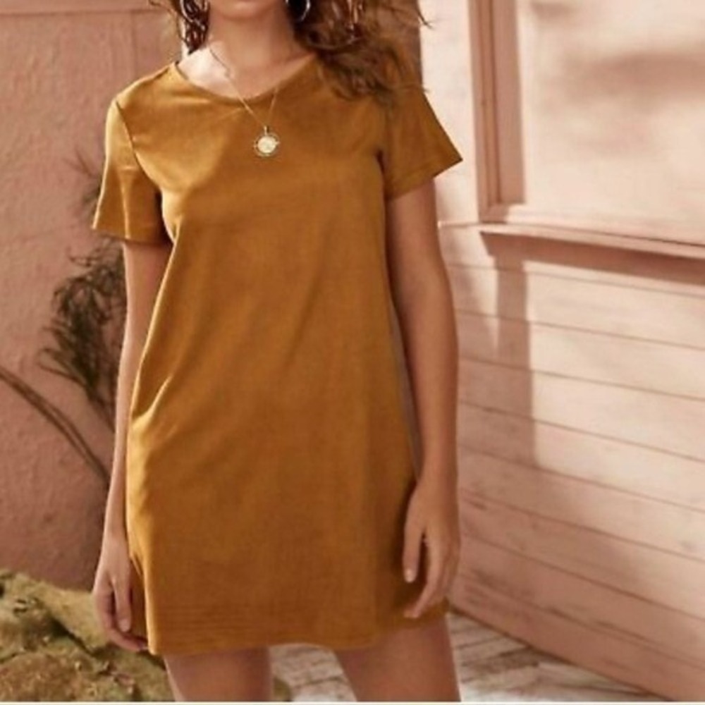 ZARA Trafaluc Mustard‎ Yellow Suede T-Shirt Dress Autumn Size Medium